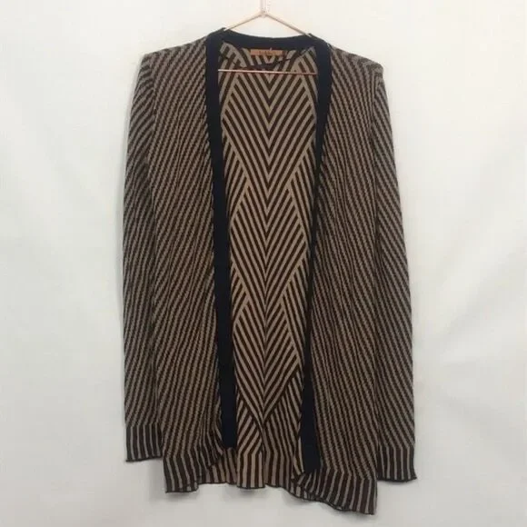 Belldini Open Front Cardigan Geo Stripes Tan & Navy New Condition Small - Picture 2 of 7